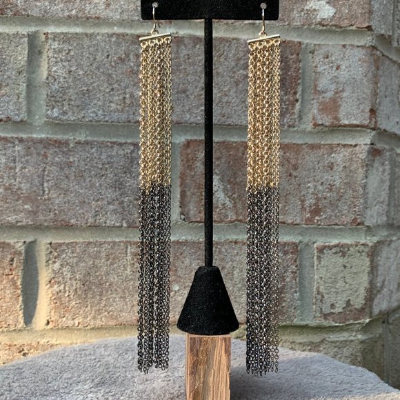 Two Toned Long Multi Chain Drop Earrings - Picture 2 of 11